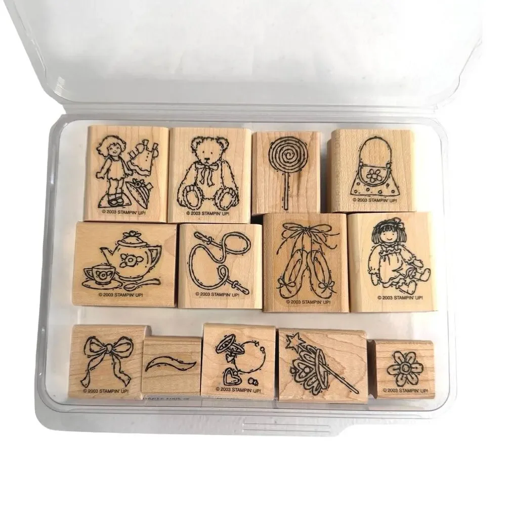 Stampin’ up set of 13 wooden rubber stamps Please”button, bows and twinkle toes”
